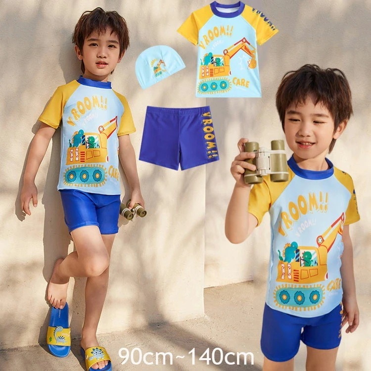 男の子 水着 短パン 帽子付き 3点セット 夏 可愛い柄 みずぎ 上下セット ボーイズ UVカット 水着 紫外線対策 セパレート ショートパンツ 膝上丈 キッズ 水遊び スイムウェア 子ども 速乾