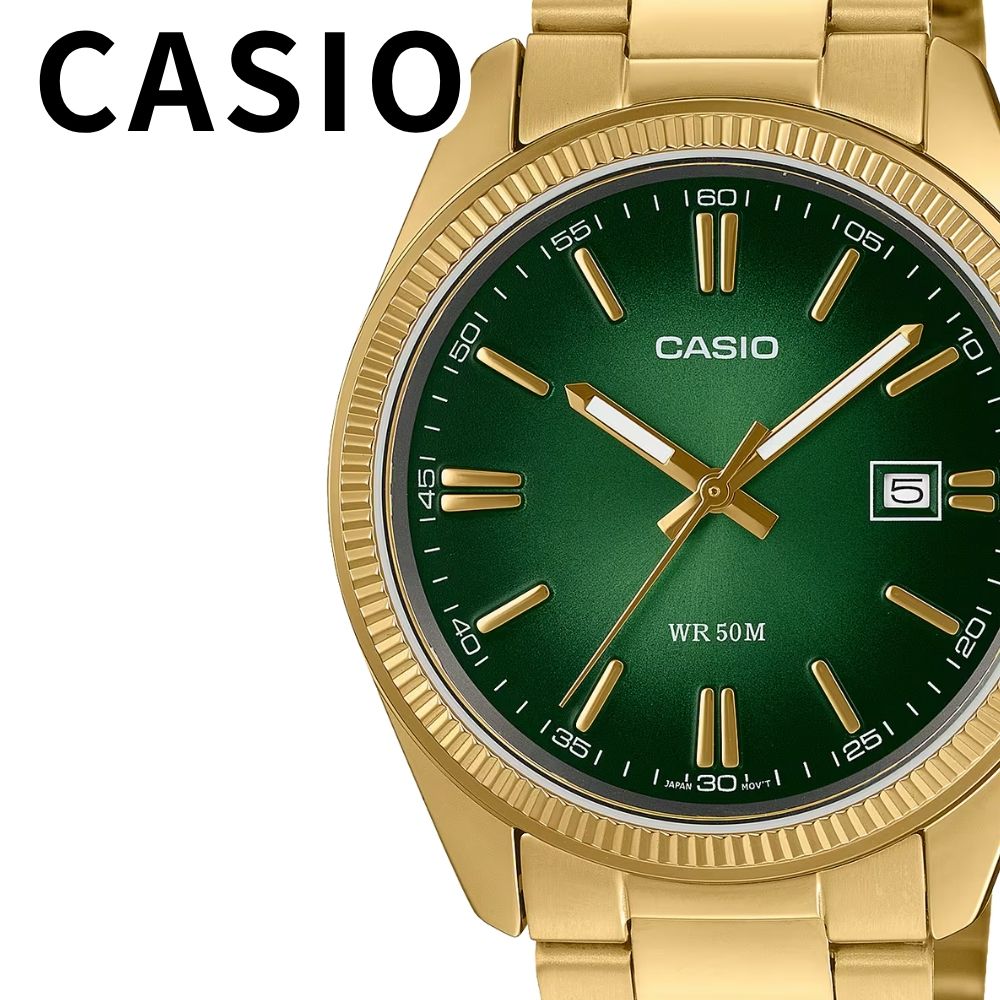 CASIO カシオ 腕時計 シンプル アナログ グリーン ゴールド メンズ レディース キッズ 日付 中学生 高校生 大学生 ビジネス 誕生日プレゼント 男性 女性 子供 親 お祝い ギフト 時計 M