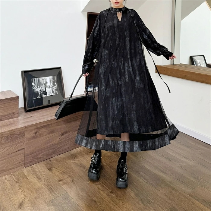 異素材切り替えワンピース ワンピース レディース 春秋 異素材 切り替えワンピース ロングワンピース ロング丈 チュール Aライン フレア 長袖 体型カバー 着瘦せ お洒落 レトロ感 きれいめ 高級感
