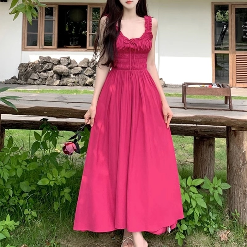 ワンピース シャーリングノースリーブフレアワンピース ロング丈 Aライン 切り替えデザイン ハイウエスト ポリエステル 大人可愛い おしゃれ ラブリー 存在感 春 夏 レディース デート お出かけ