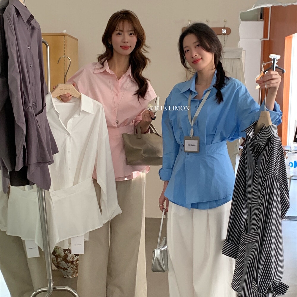 リモンライムグリーンティーミニマリストデザインニッチ層の取り外し可能なエプロン長袖シャツの女性用