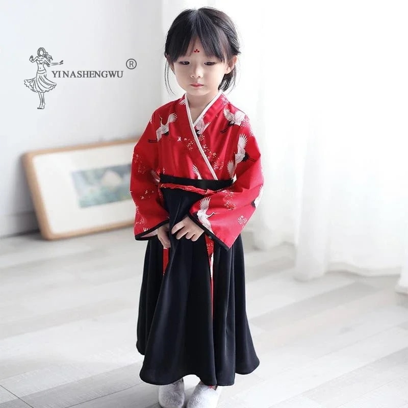 納期21日:小さな女の子のためのクレーンプリントドレス,日本のドレス,着物,花の刺繡,トップス,スカート,浴衣,子供服のセット