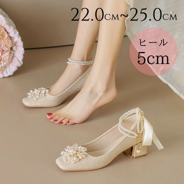 ロリータ靴 パンプス スクエアトゥ リボン 甘ロリ レース 結婚式 靴 ブライダルシューズ パーティーシューズ 発表会 シューズ 太めヒール ロリィタ靴 ストラップ ヒール5センチ レディース メイド
