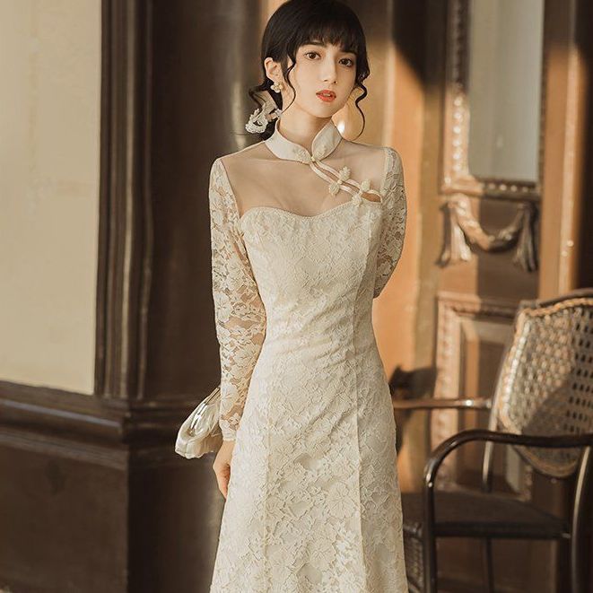 風改良チャイナドレス若い日常少女レトロ気質スリムスリムレースドレス長袖春 母の日 母の日-0008565