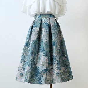 花柄スカート ジャガード ハイウエストスカート ブルー 油絵風 ボトムス 合わせやすい レトロ 大きいサイズ