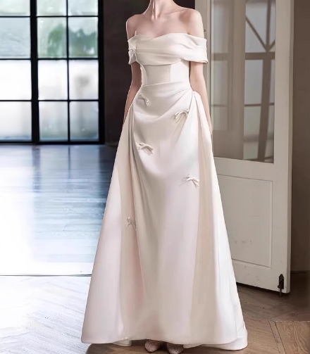 エレガント ウェディングドレス オフショルダー リボン ブライダル 2次会/合コン