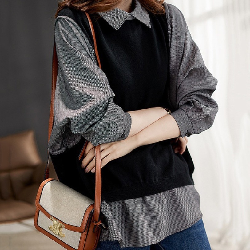 【クラシックに上品】 女性魅力満載 カジュアル POLOネック 切り替え チェック柄 レイヤード スウェット レディース