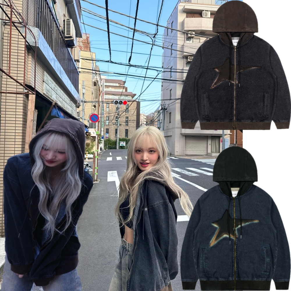 IVE リズ 着用/ZEROBASEONE ハンユジン 着用/ユニセックス/Vintage Washing Star Denim Hooded Zip-Up