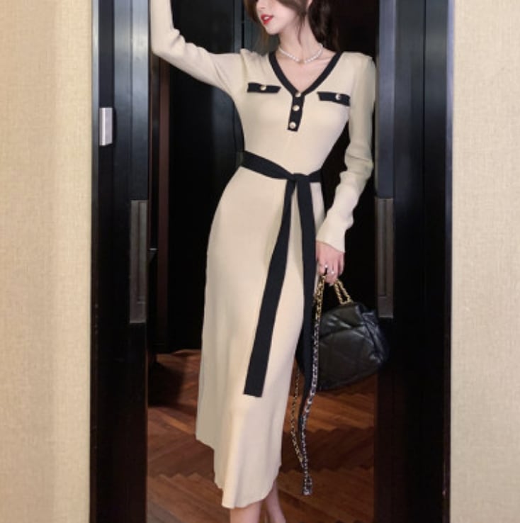 ワンピース デート ニットソー ロング ロング丈 袖あり 長袖 Vネック スリム タイト 細身 かわいい 大人可愛い きれいめ シンプル カジュアル 大人 上品 おしゃれ お洒落 主役級 存在感 春 7,039円