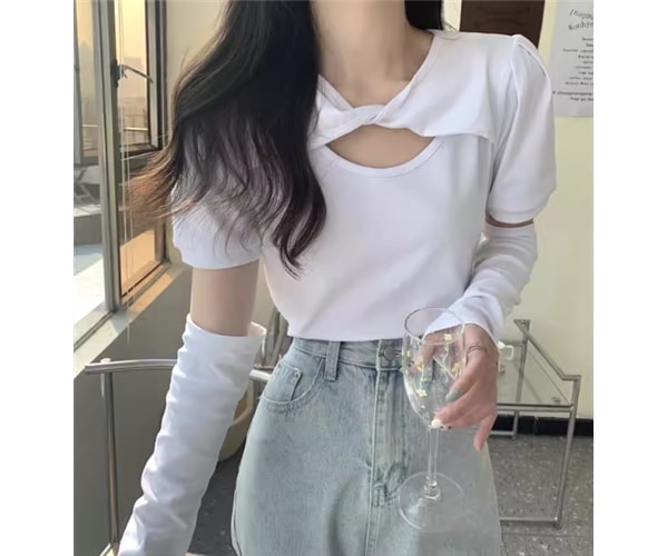 2way レディース トップス カットソー プルオーバー Tシャツ ショート クロップド丈 半袖 ラウンドネック かわいい シンプル カジュアル おしゃれ かっこいい ラフ ボーイッシュ ルーズTシャツ・カットソー