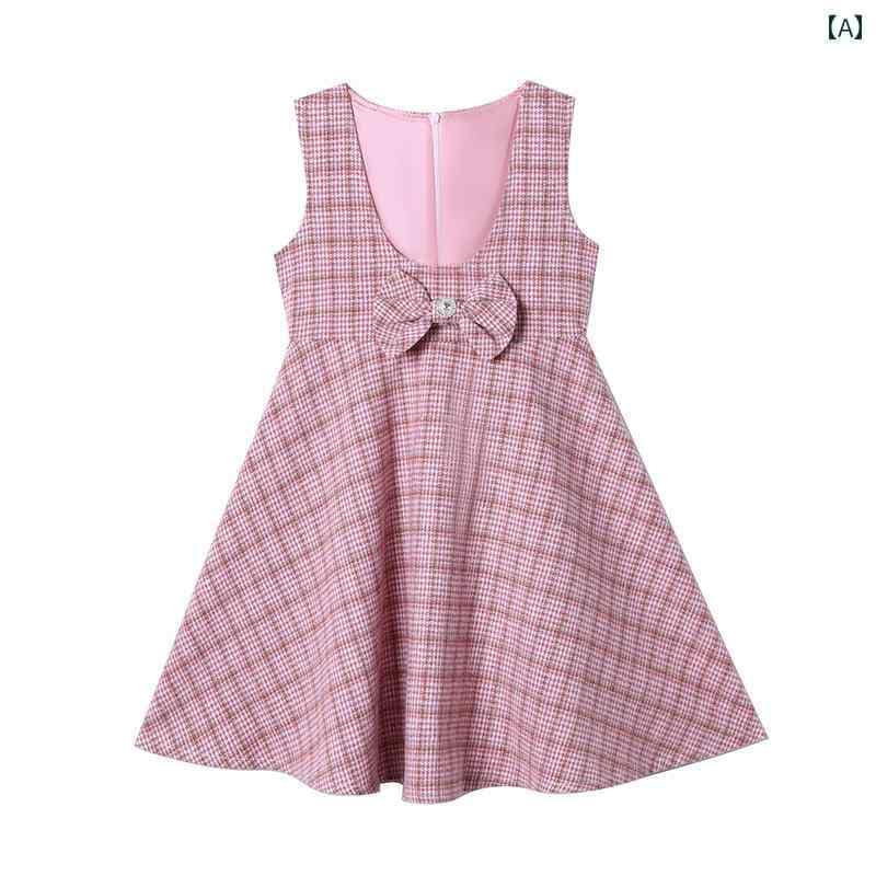 女の子 ガーリー ドレス ワンピース チェック 小さめ 子供服 プリンセス お姫様 Aライン フレア スカート ウール ベスト 冬秋服 年長さん フロントリボン 襟 花