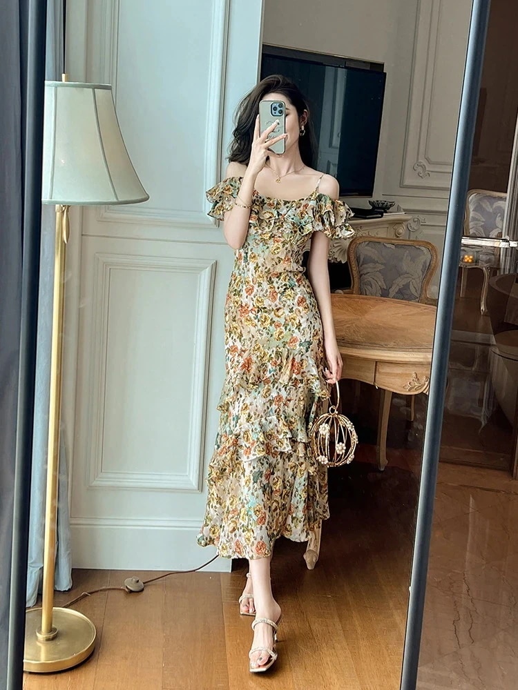 【JY.上品】 キャミワンピース オフショル 夏 柄ワンピース フリル ドレス パーティー キャバ 着痩せ 大人 お呼ばれ 同窓会 披露宴 卒業式 結婚式 ウェディング 二次会 成人式