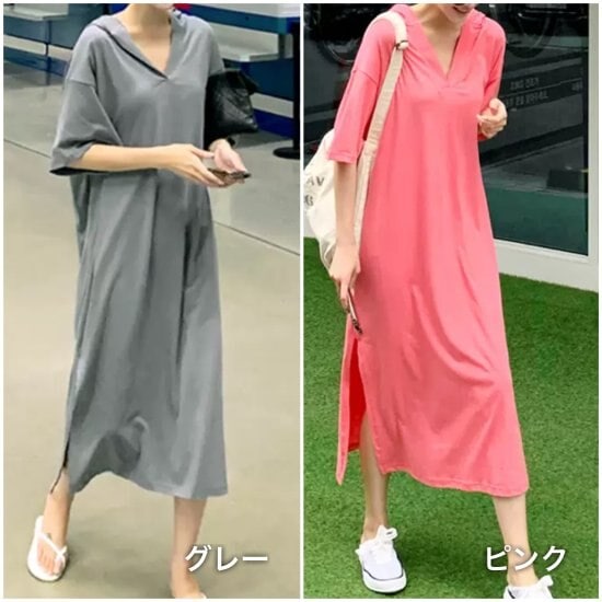 【取寄：納期2週間】ワンピース フード付き ロング丈 プルオーバー 半袖 Vネック サイドスリット レディース
