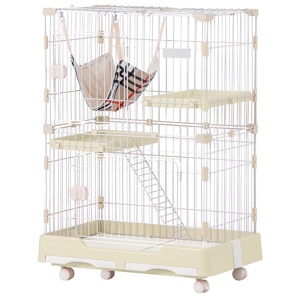 猫 ケージ キャットケージ ペットケージ キャスター付 猫ゲージ 大型 多頭飼い ネコドア キャットハウス 1段2段可能 留守番 保護 脱走防止 おしゃれ (2段,クリームイエロー)