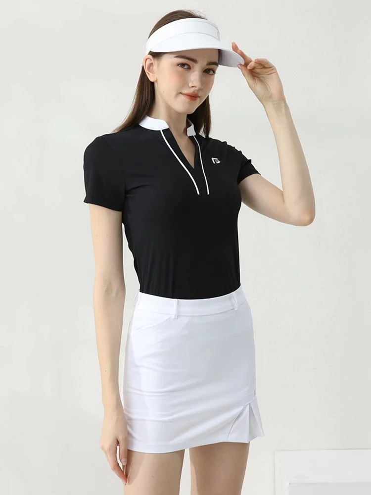 ゴルフウェア レディース スポーツウェア ゴルフスカート Vネック Tシャツ 半袖 スカート 上下セット 白黒 ピンク プリーツスカ 春夏 速乾 女性 テニスウェア 韓国風 おしゃれ