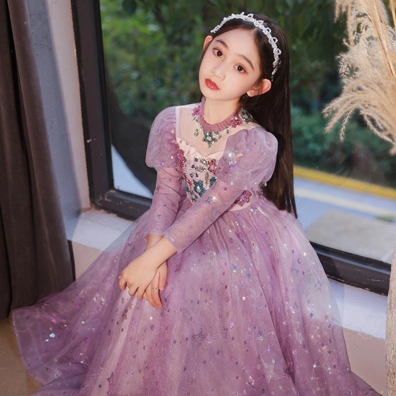子供ドレス パープル ピアノ発表会ドレス ロングドレス 紫色 スパンコール 花柄 星柄 キラキラ 素敵 キレイめ 女児ドレス 演奏会ドレス 立ち襟 パフスリーブ 長袖 半袖 2タイプ フォーマル キッ