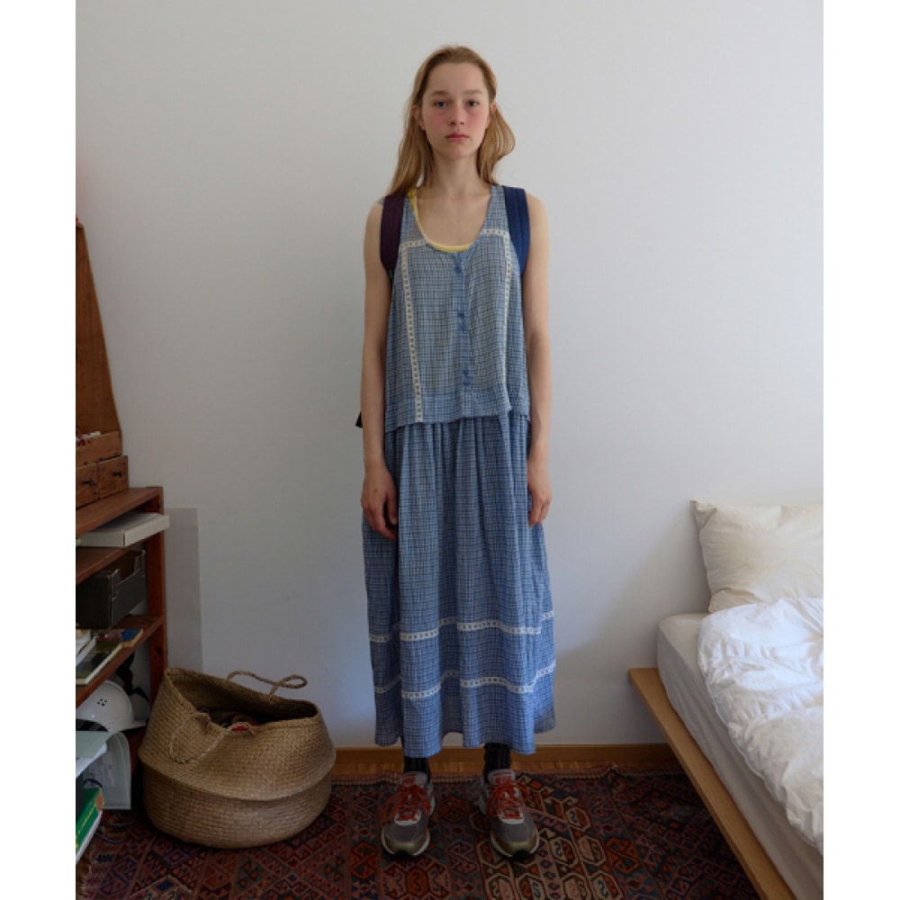 NOCONTENT シアーチェックロングワンピース _ スカイブルー