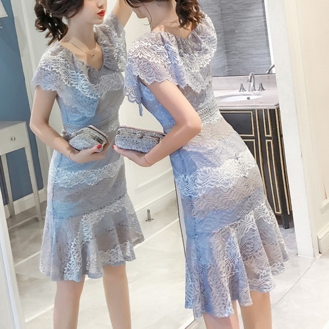 ワンピース ノースリーブ 春 夏 秋冬 きれいめ Aライン ひざ丈 ミディアム丈 フリルカラー スリム タイト 細身 ストレート マーメイド 切り替えデザイン ドッキング レース 透け感 青 ブルー