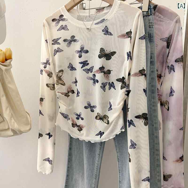 トップス レディース 長袖 薄手 Tシャツ 蝶 プリント 夏 ラウンドネック ブラウス 白 ピンク シースルー 5,141円
