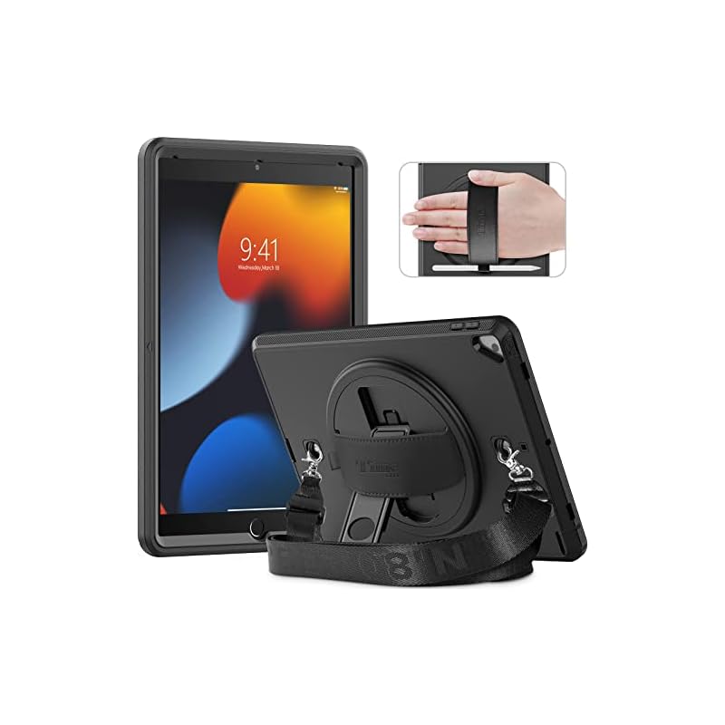 Timecity iPad 第9世代/第8世代/第7世代 ケース 画面フィルム 360度スタンド ペンホルダー付き ハンド ＆ ショルダーストラップ 防塵蓋 コーナー保護 ハード ケース iPad 1