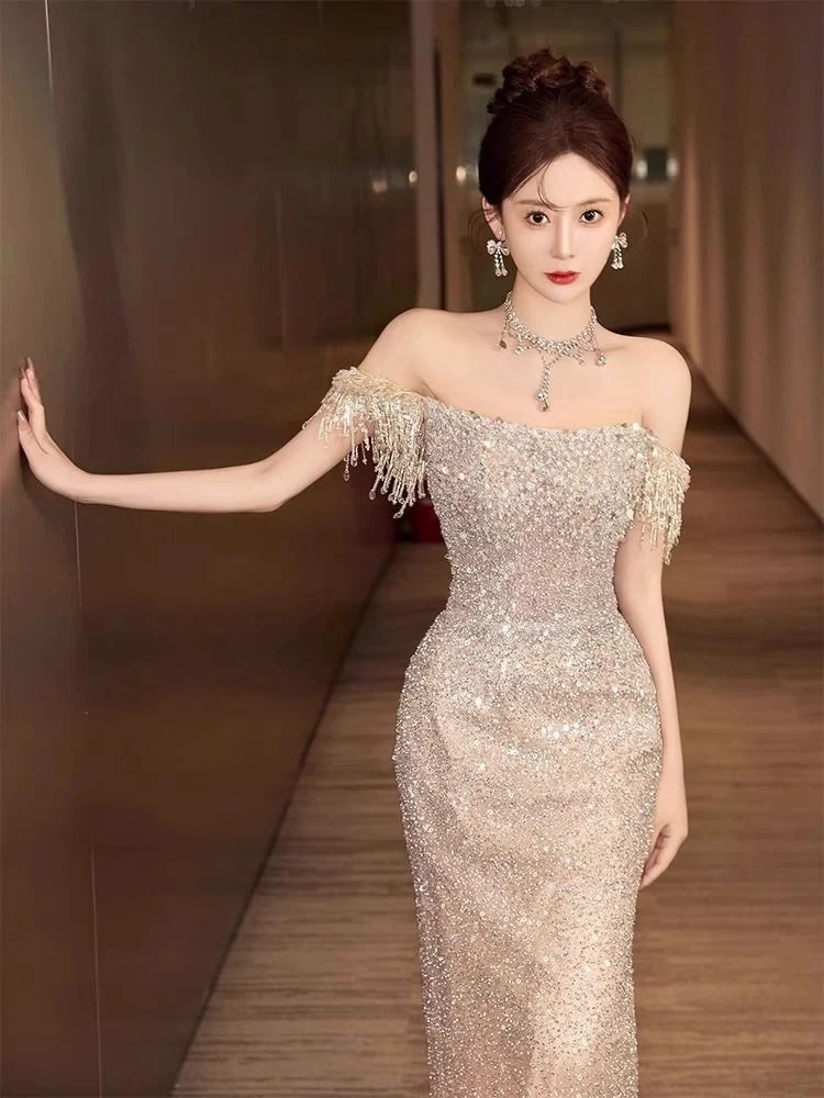 ワンショルダードレス2025エレガントな気質ホストマーメイドテールエンゲージメントバンケットスパンコールドレス