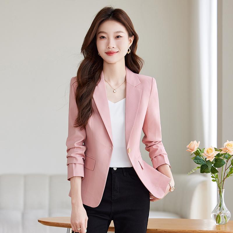 女性 ピンク ジャケット テーラード 入学式 ママ 婦人服 ブレザー 春秋 スタイル 韓国 スリム オフィス カジュアル レディース 高級感 上品 シンプル 無地 ボタン１つ