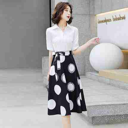 ドッキング 白 シンプル 着回し膝丈 ワンピース 普段使い ハイウエスト お出かけ エレガント レトロ L 体型カバー い オフィス レディース 黒 ひざ丈 半袖 夏 フレア M XL 襟付き 女子