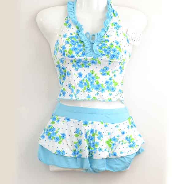 独特な店 水着 激安 タンキニ タンクトップビキニ ブルーカラー ホルターネック 体系カバー フラワー柄 F Apl23 海 プール 夏