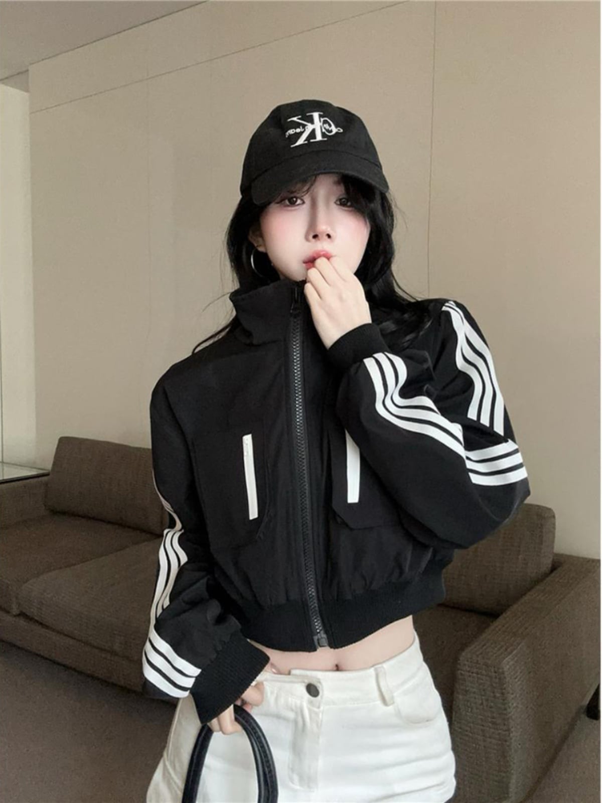 レディーストップス アウター スタンド ネック ストリート ハイネックアウター ゆったり ショート丈 長袖 お出かけ