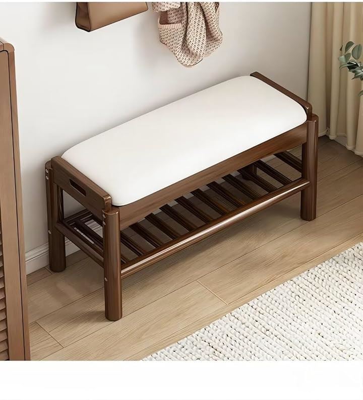 玄関ベンチ 木製 無垢材 北欧 天然木 シューズラック 収納ベンチ 玄関椅子 玄関スツール シューズボックス 靴収納 雑貨 家具(ブラウン, 80x30x40cm)