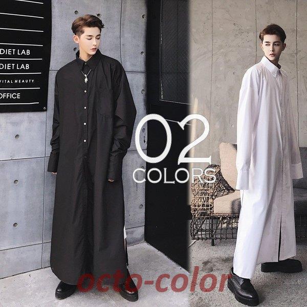 ロング丈 シャツ サイドスリット ボタンダウン モノトーン ライト コート メンズ モードストリート モードミックス カジュアル メンズファッション