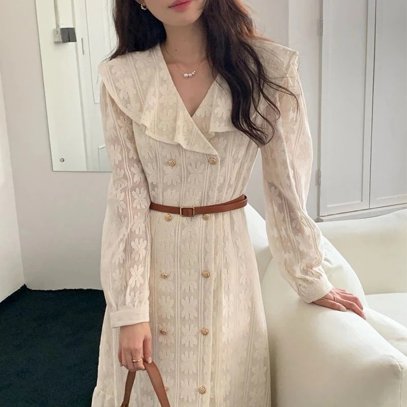 レディースドレスシフォンワンピロング丈長袖韓国フレンチビッグ開襟レースフックリボンウエストフィッティング