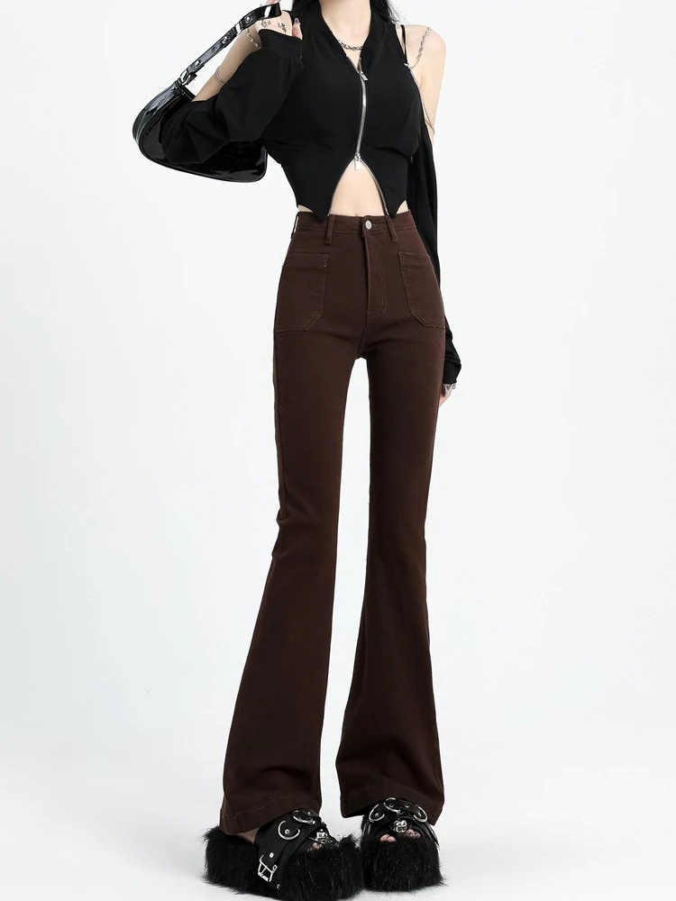 茶色のフレアパンツ春春冬春と春のハイウエストジーンズ女性スキニーホlットガール新しいマイクロラージ薄いズボンの潮