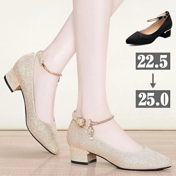 パンプス キラキラ ローヒール チャンキーヒール アーモンドトゥ ストラップ アンクルストラップ 上品 ゴージャス ブラック ゴールド 結婚式 ピアノ 発表会 綺麗め パーティー シューズ 靴 イベン 4,802円