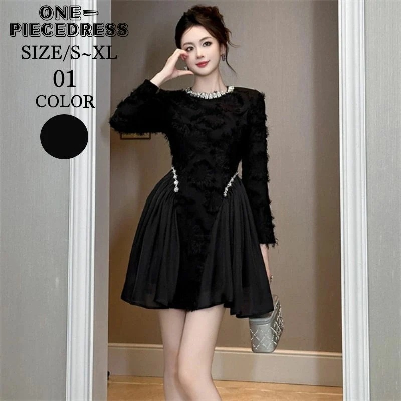 ビジュー付き　ワンピスドレス　ミニ丈　膝上丈　フレアワンピース　　レース　フォーマルドレス　パーティードレス　ライトドレス　姫系　長袖　セクシー上品 大人 きれいめ スナック パーティー　結婚式 ドレ