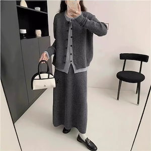 今週まで.値.引.き秋冬新作ニットワンピースセットファッショナブルなフェイクツーピースカーディガン＋スカートカジュアルなツーピースセット
