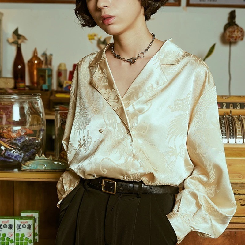 チャイナ風シャツ レディース 柄シャツ 長袖 Vネックシャツ 龍紋 ゴールド 春
