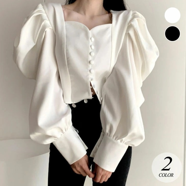【2025新作 急速出荷】パフスリーブ 長袖 シャツ トップス レディース 春 秋 スクエアネック ダブルブレスト ぽわん袖 ゆったり おしゃれ キレイめ シック カジュアル 黒 ブラック 白 ホワイ