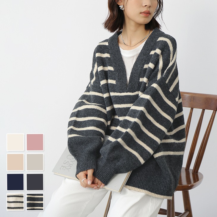 トップス セーター ロング ワイド 体型カバー 長袖 二の腕カバー Vネック ふんわり ぽわん袖 ドロップショルダー ゆる感 ボーダー カジュアル レディースファッション 20代 30代 40代 50