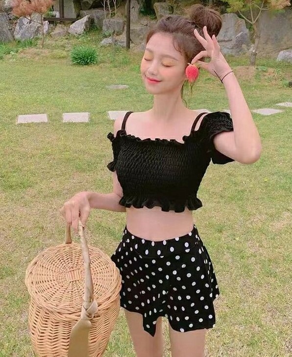 水着 体型カバー タンキニ ビキニ 2点セット 中学生 高校生 レディース 韓国 セクシー ファッション 可愛い スイムウェア セパレート 水泳 女性用 ブラック ドット 夏 プール フェス 10