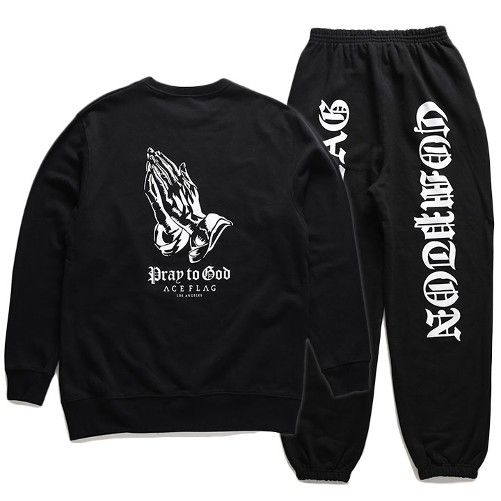 ACE FLAG 上下セット 長袖 ブランド メンズ 春秋冬用 黒 大きいサイズ エースフラッグ セットアップ トレーナー 上下 祈り手 プレイングハンズ Compton