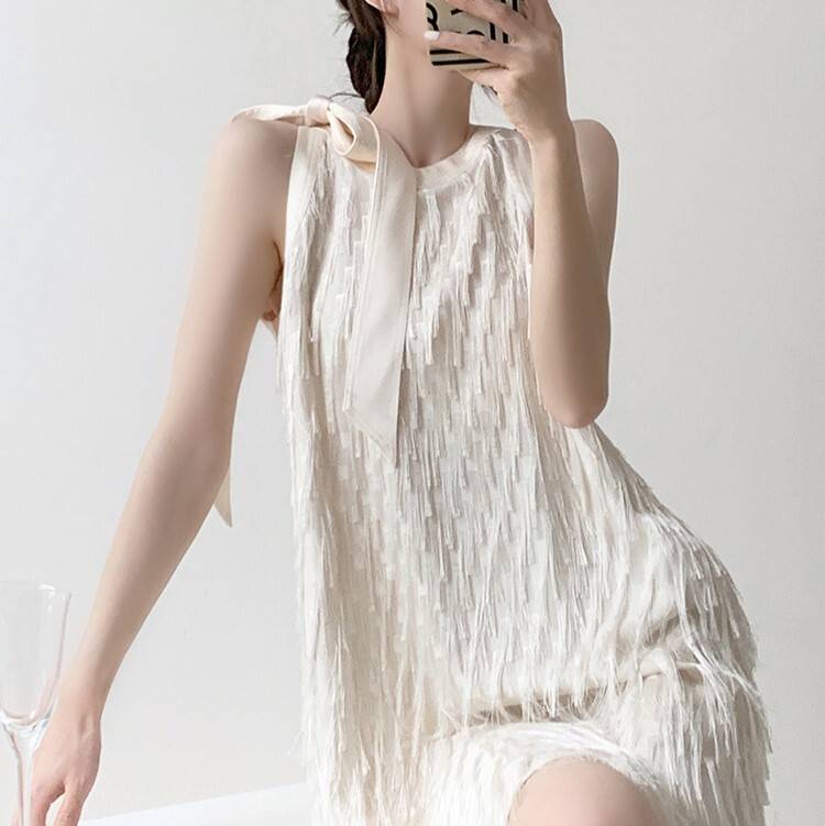 売切必至肩リボン サックワンピース フリンジドレス レディース ワンピース ドレス ゆったり Aライン ミディアム丈 ミニ 膝丈 膝上 袖なし ノースリーブ ラウンドネック 襟なし ノーカラー フリン 5,390円