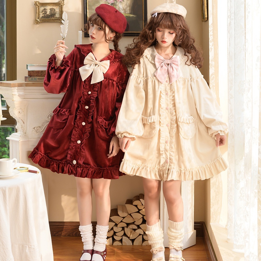 ウールコートOP ライトロリータ デイリーロリータ レトロドレス 無地 ソフトガールコート