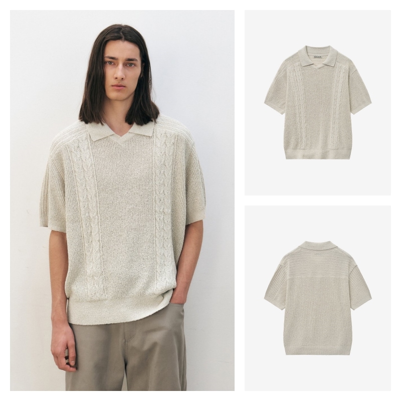 【INSILENCE】 OPEN COLLAR CABLE KNIT : LIGHT BEIGE