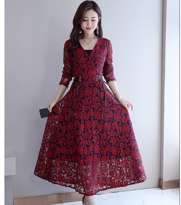 A1022.Vネックシースルー花柄レースフレアドレス（レッド）2019 春夏 sale 春夏 sale ワンピース 長袖 フリル エレガント お呼ばれ パーティー 結婚式 披露宴 女子会 レストラン