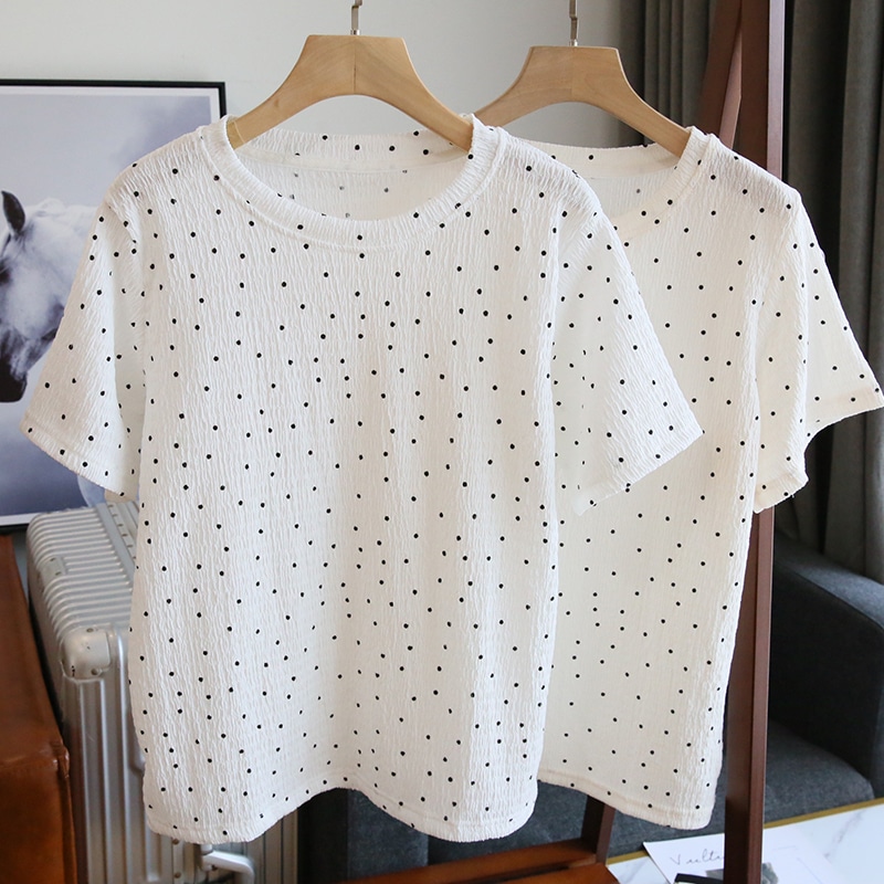 トップス Tシャツ 半袖 Uネック 大人女子 キュート ガーリー エレガント ボーダー 春 夏 10代 個性的 ホワイト ベージュ フリーサイズ ドット柄 水玉 こなれ感 クール モード系