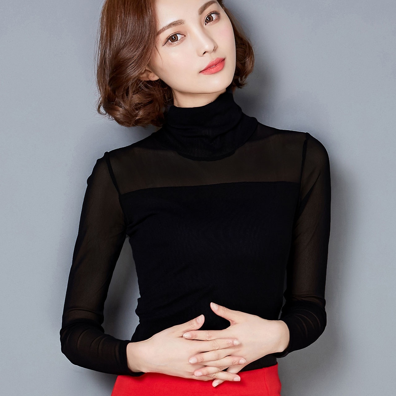 レディース 長袖 カットソー 韓国 シャツ フリル 白シャツ 3色 ジャケット あえて透かす！シースルータートルネック