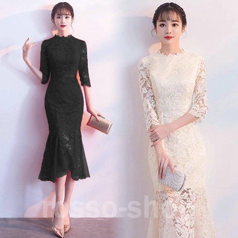 超人気 ドレス マーメイドドレス ワイン赤 レースドレス ミモレ丈 結婚式 二次会 お呼ばれ ゲストドレス 総レース 7分袖 緑 パーティードレス 30代