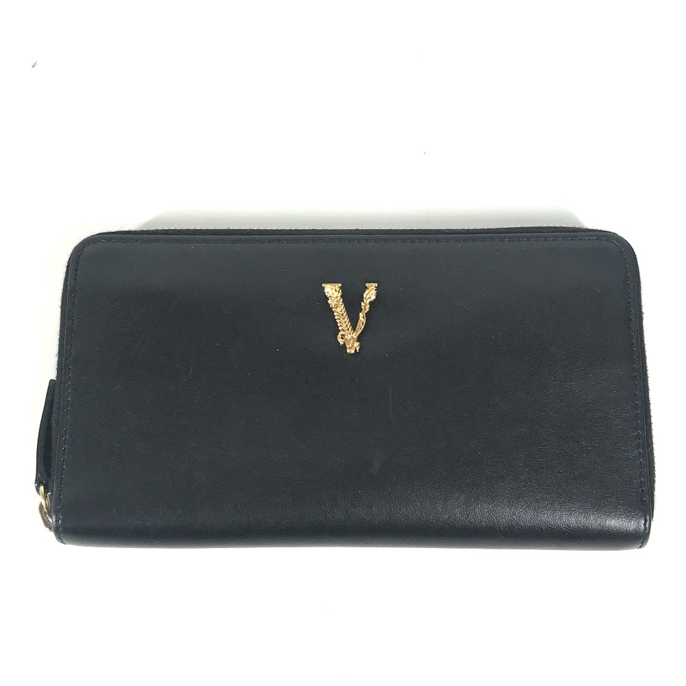長財布 Vロゴ ロングウォレット ラウンドファスナー レザー ブラック