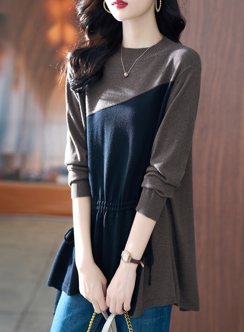 イレギュラーニット ボトムス シャツ ミドル丈 トップス 秋 冬 ウエスタン風 ステッチ セーター レディース ブラック M L XL XXL トップス 袖あり かわいい 大人可愛い きれいめ